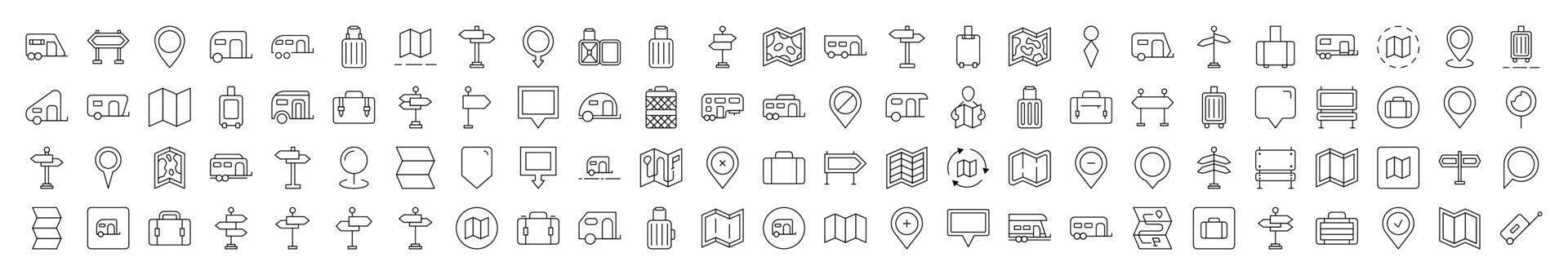Motorhome, Map Pin, Baggage, Direction Pointer Icon Set for UI, Placards, Books, Apps. Editable Stroke. Suitable for Web Sites, Books, Cards, Apps vector