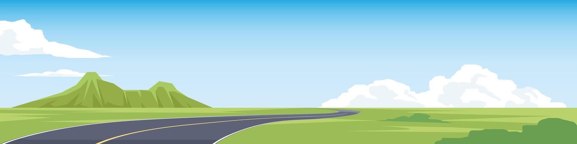 Landscape of winding asphalt road. On the wide grassland. Were grasses growing on both sides. Softe color of mountain and blue sky with white clouds. vector