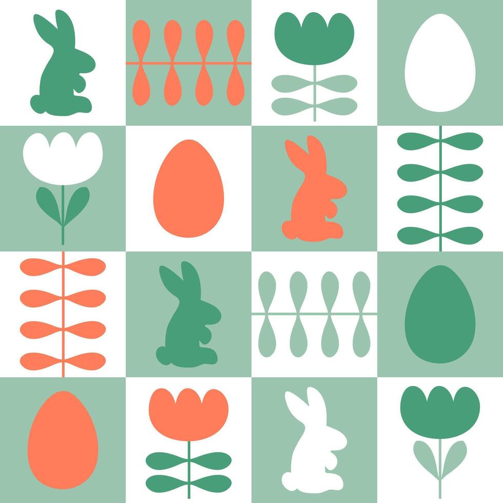 Traditional Easter pattern with rabbits, eggs and tulip flowers in geometric style. Perfect print for poster, card, banner, tablecloth. Great design for any project. vector
