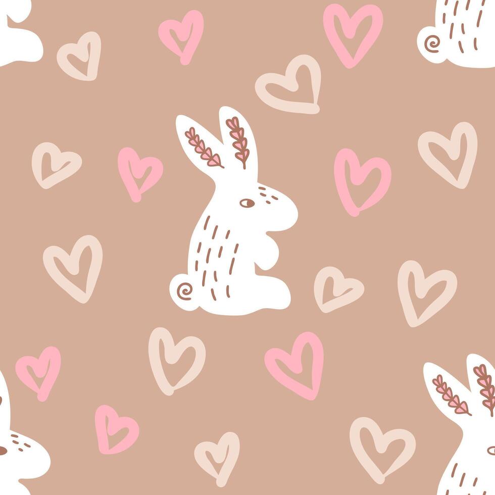 Romantic seamless pattern with bunnies and hearts. Cute Valentine print for fabric, paper, textile. Doodle illustration. vector