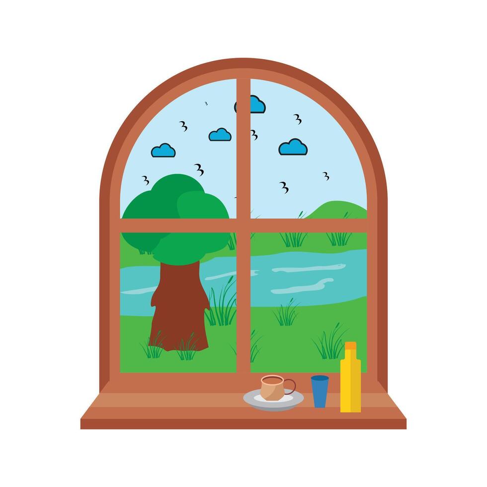 Spring window with beautiful view with trees and river.Tea and water bottle on the windowsill vector