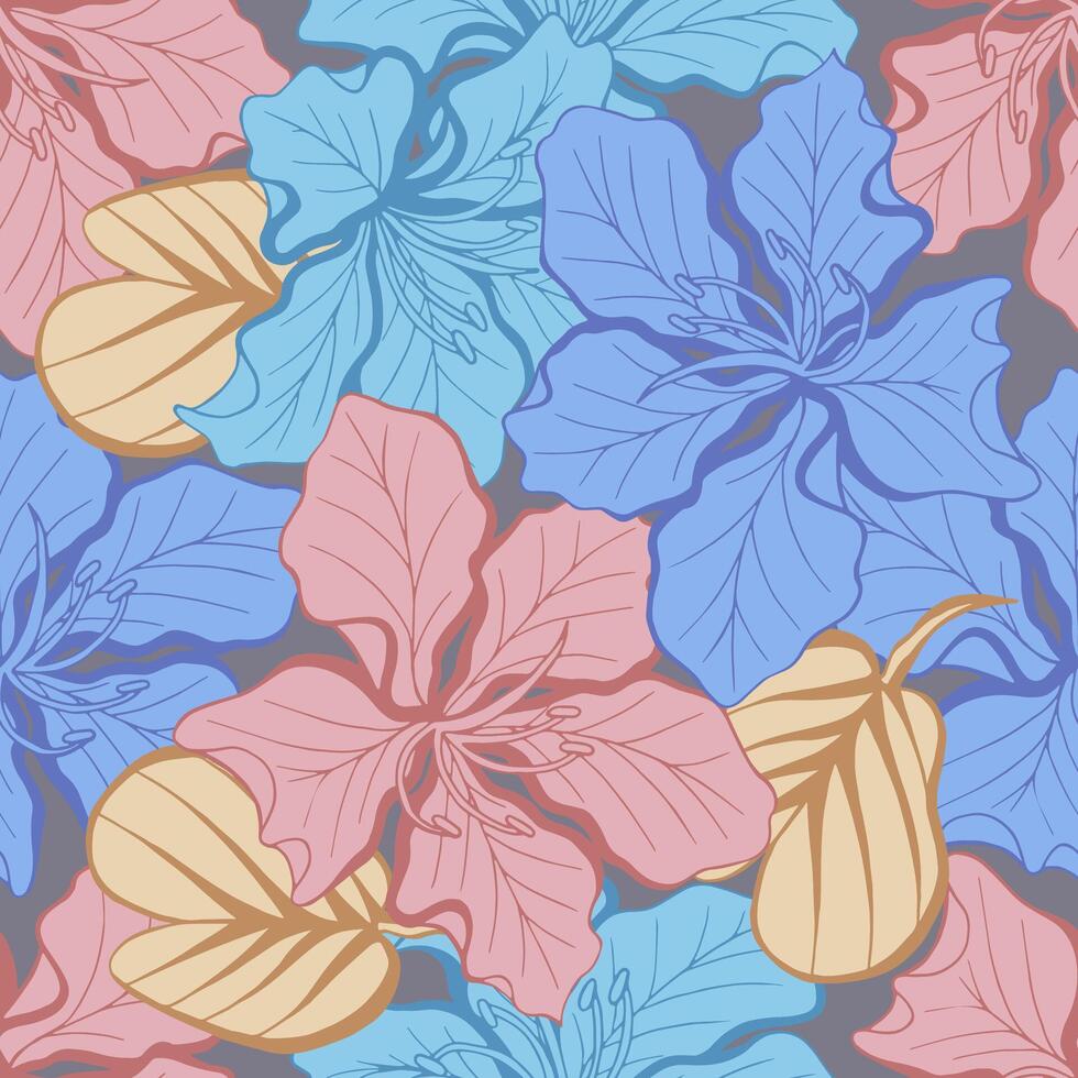 Seamless pattern of Bauhinia flower with combination blue, pink and yellow vector