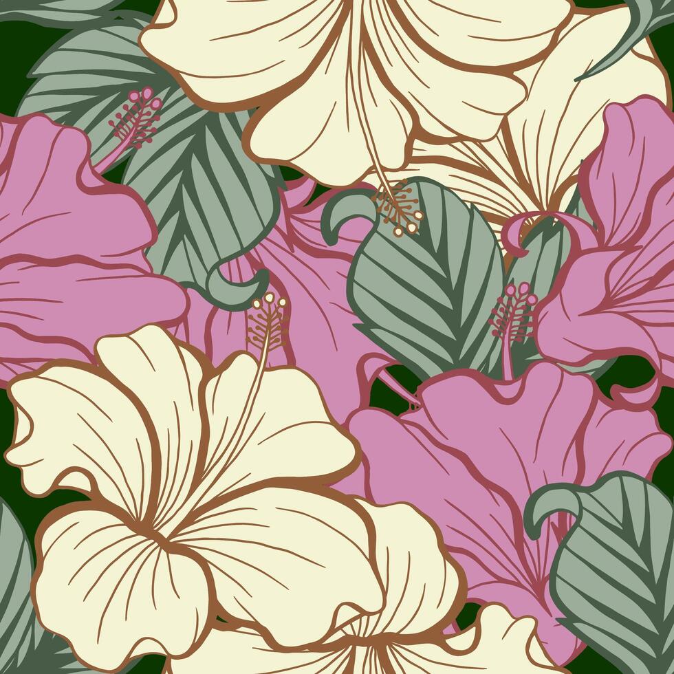 Hibiscus flower pattern green laurel vector