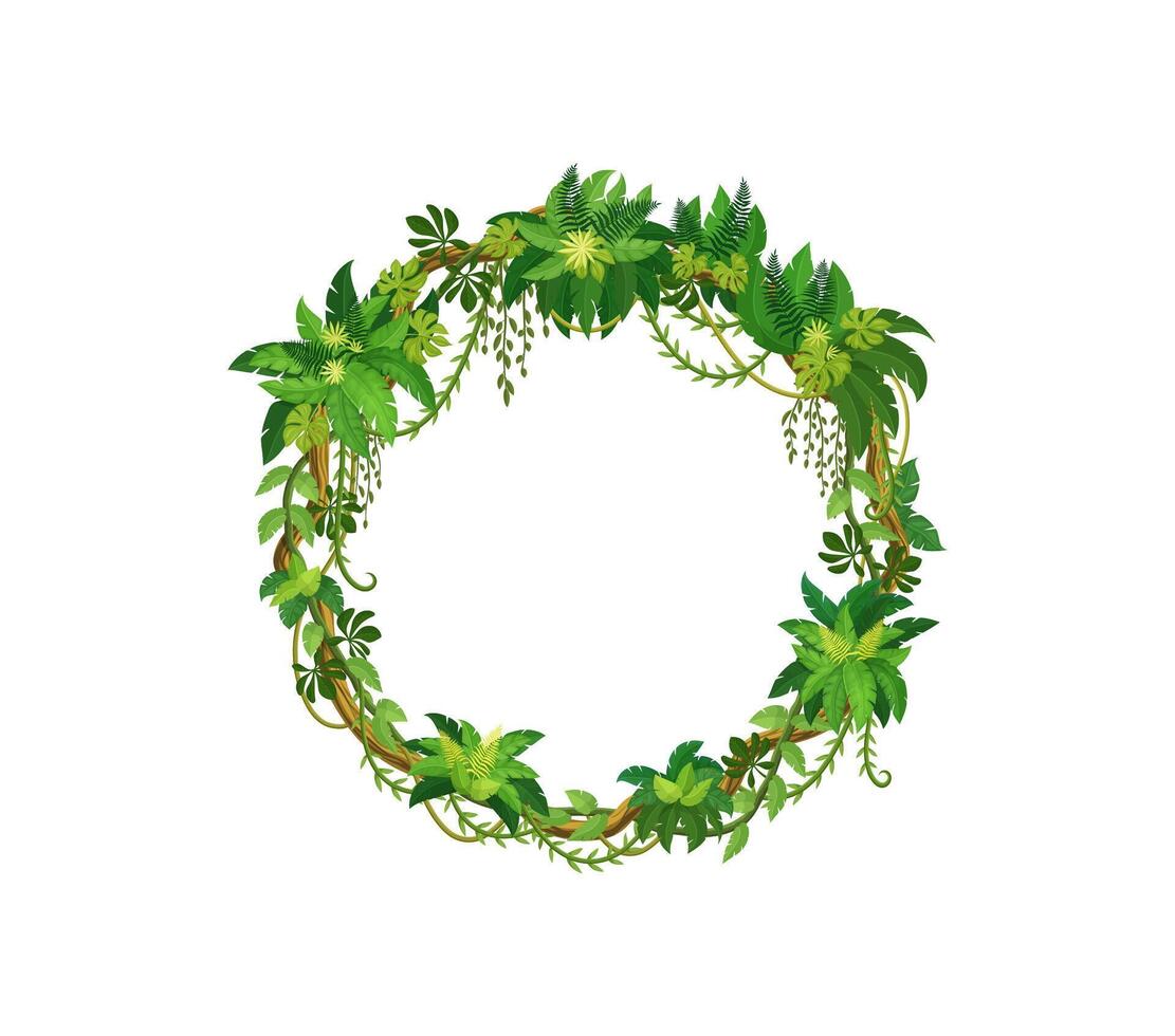 Liana circle frame of jungle ivy and vine leaves vector