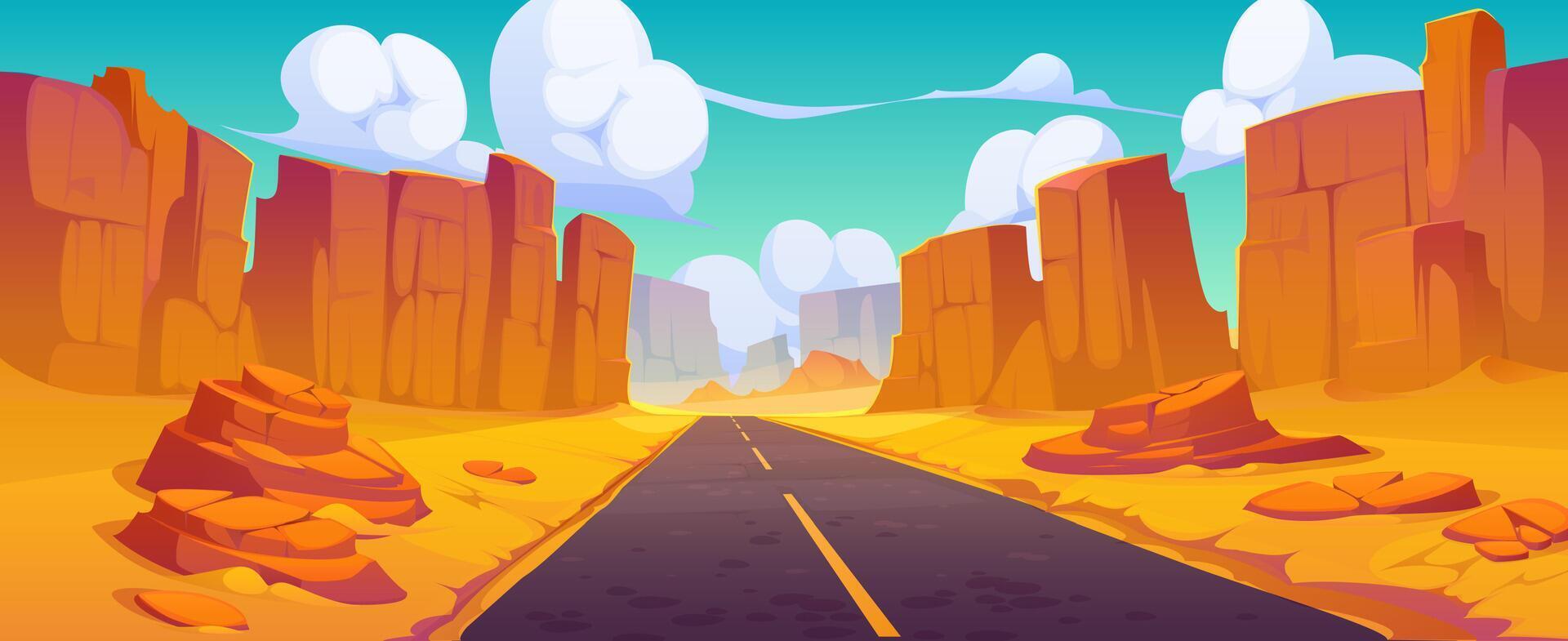 Cartoon desert road landscape, highway and canyon vector