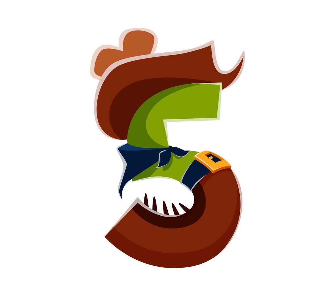 Cartoon number five with cowboy hat, neck scarf vector
