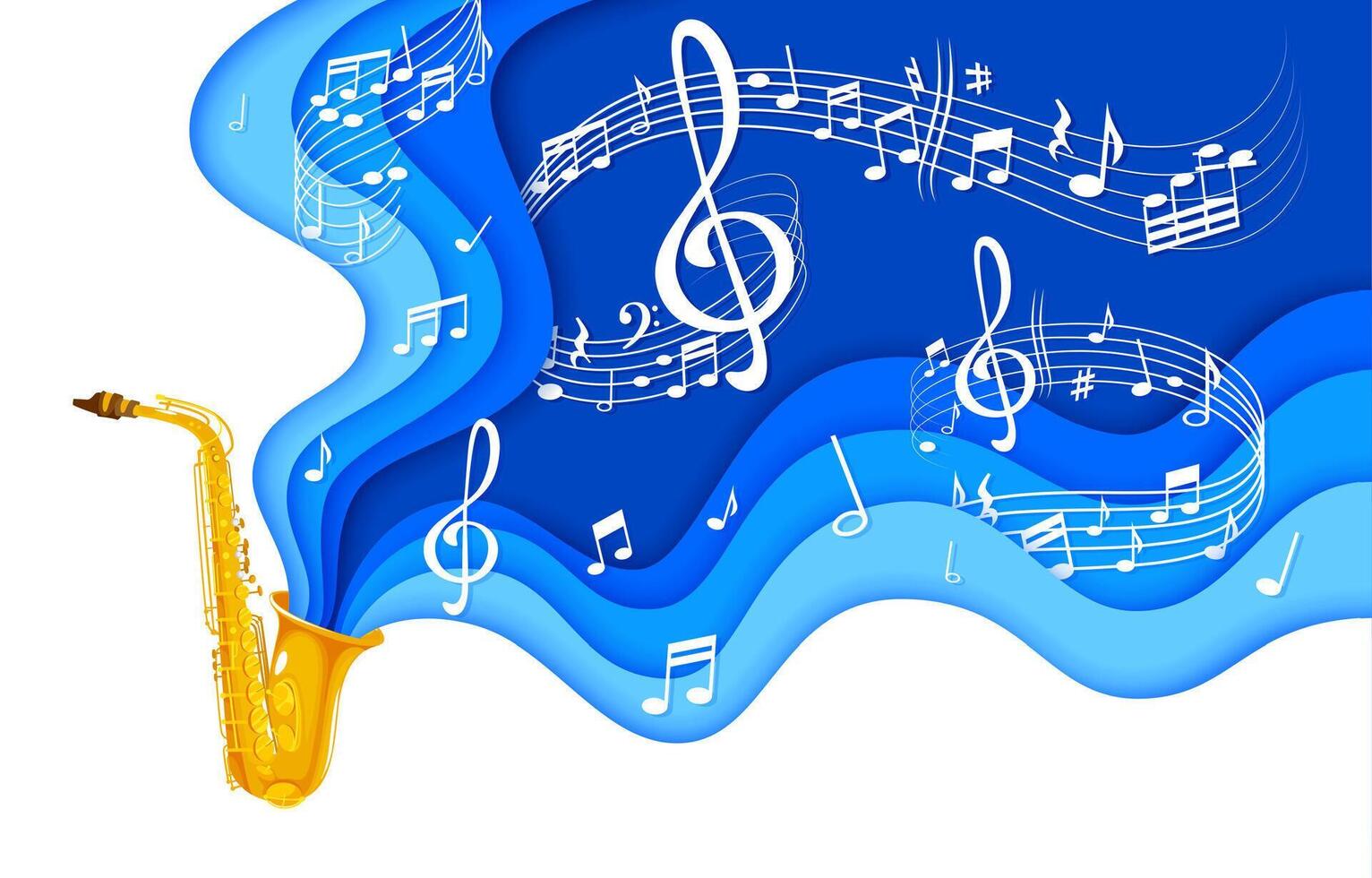 Paper cut saxophone musical background with notes vector