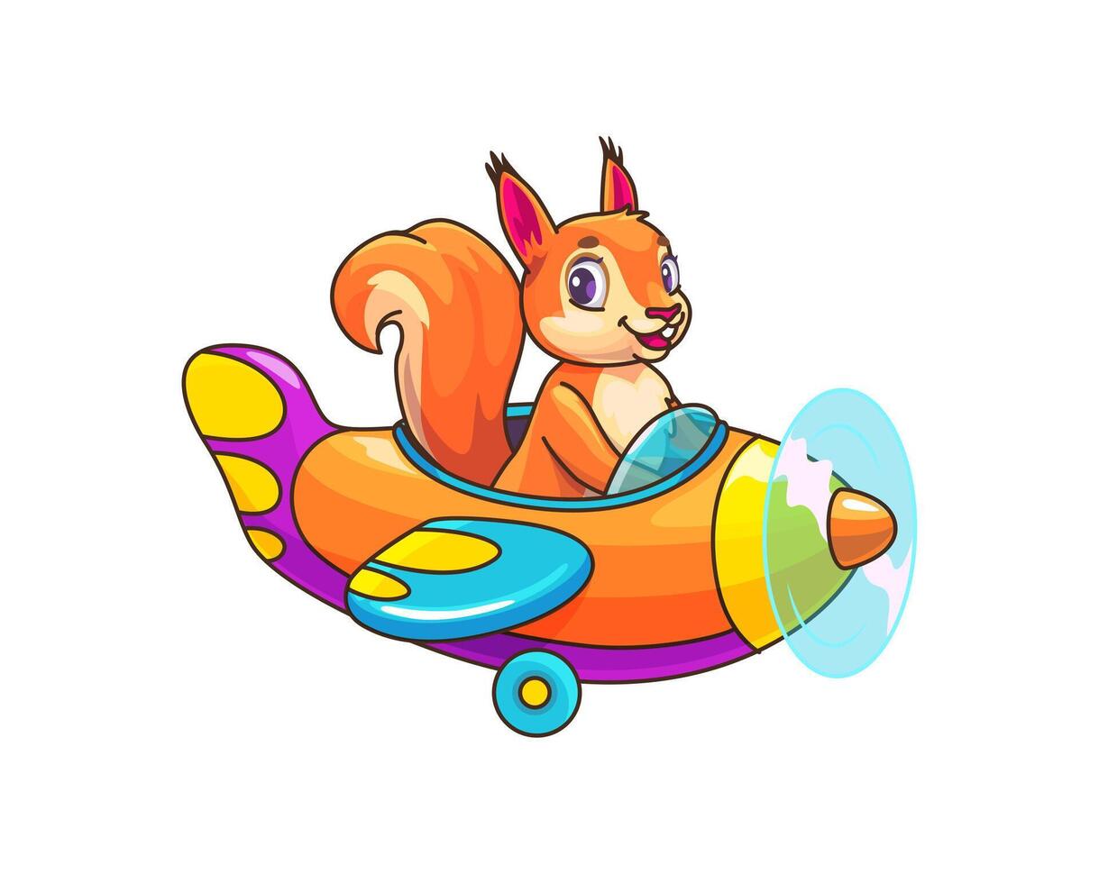 Cartoon squirrel pilot on plane, baby character vector