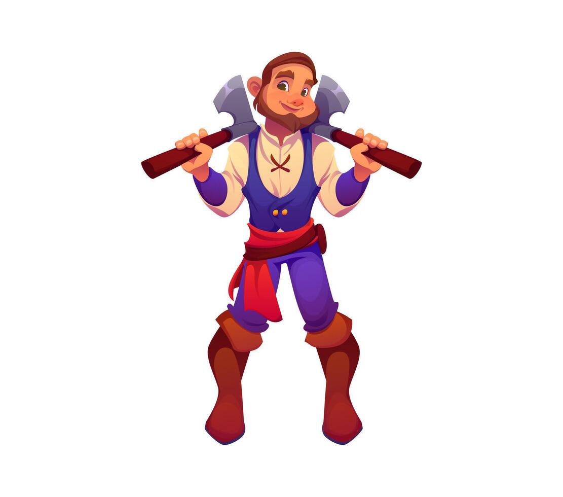 Cartoon pirate corsair character holding two axes vector