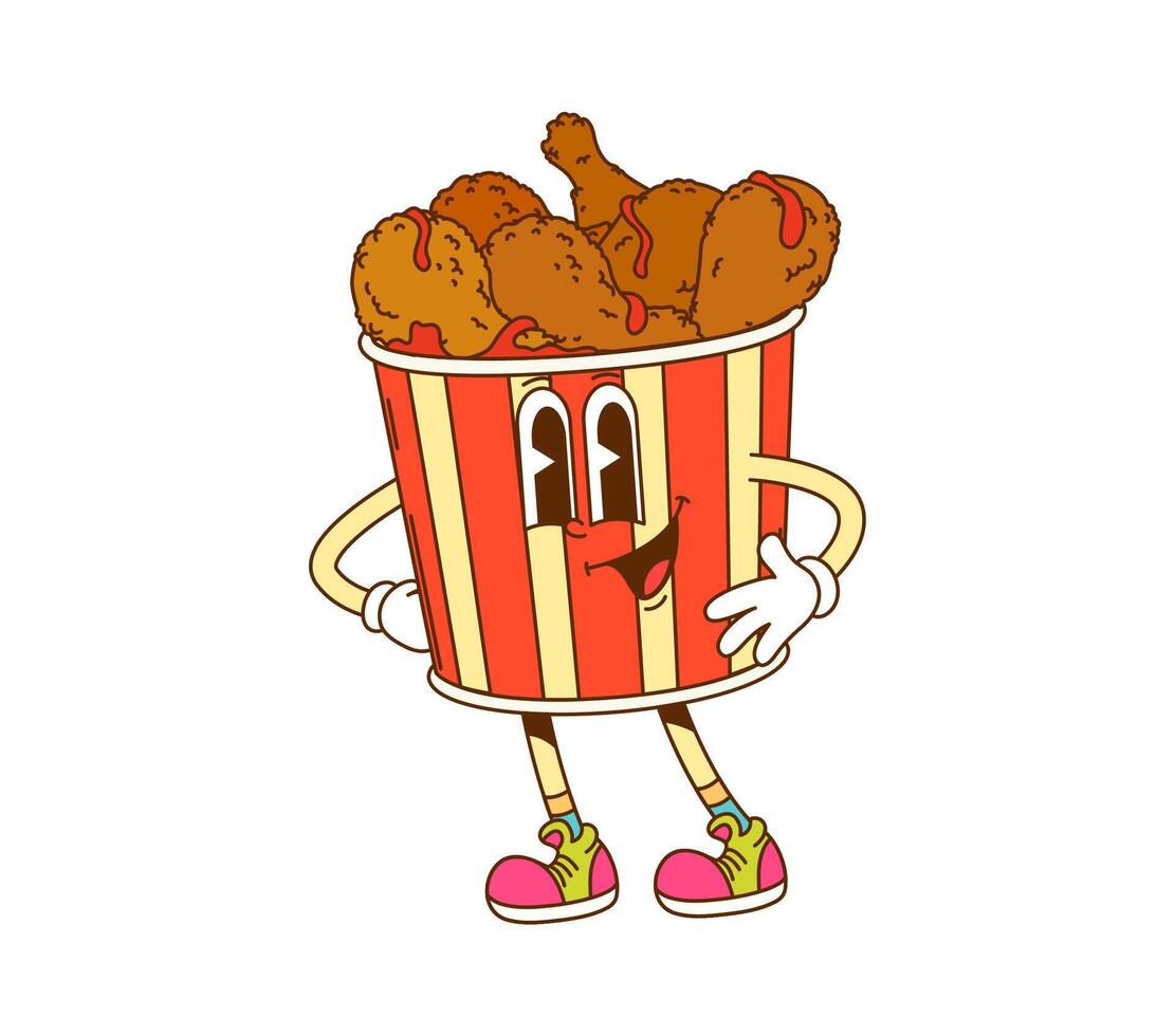 Groovy cartoon hippie chicken legs box, fast food vector