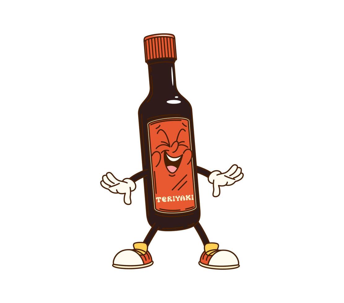 Cartoon groovy Teriyaki sauce bottle character vector