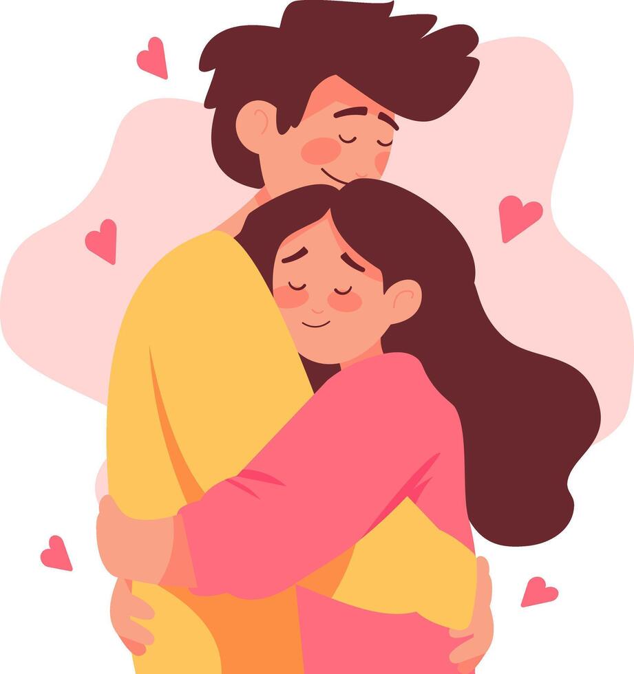 Flat illustration of a happy couple hugging lovingly, surrounded by pink hearts on a soft pastel background vector