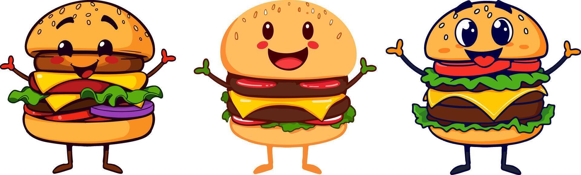 Set of three cheerful cartoon-style cheeseburgers with smiling faces, arms, and legs, ideal for playful food illustrations vector