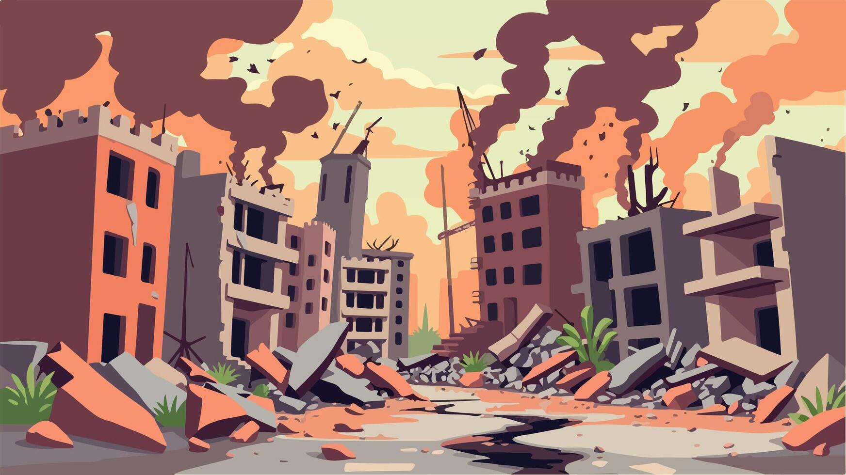 Illustration of a war-torn city with collapsed buildings, smoke rising, and a cracked street, depicting destruction and chaos vector