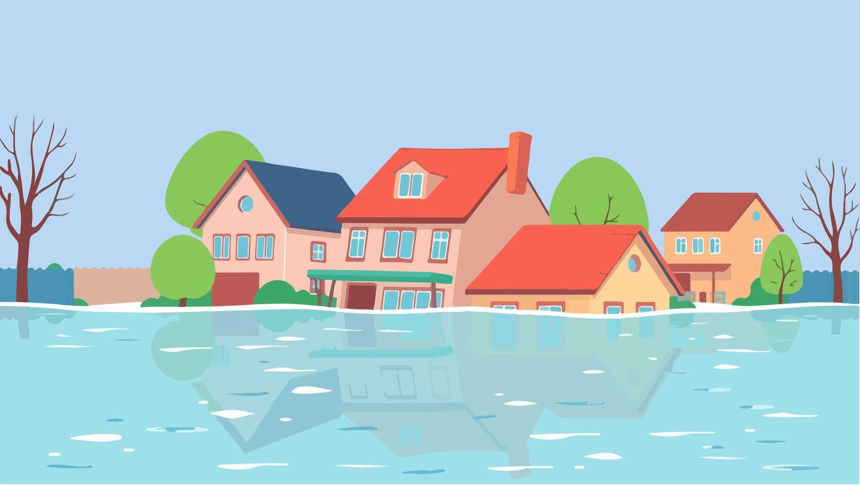Cartoon Illustration of Flooded Houses in Residential Area vector
