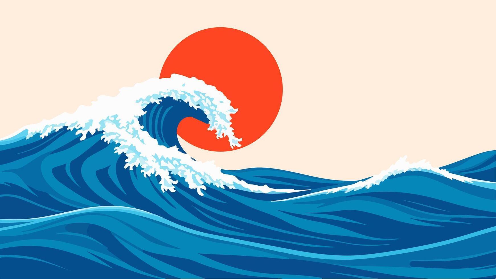 Japanese art style ocean wave with a bold red sun in the background vector