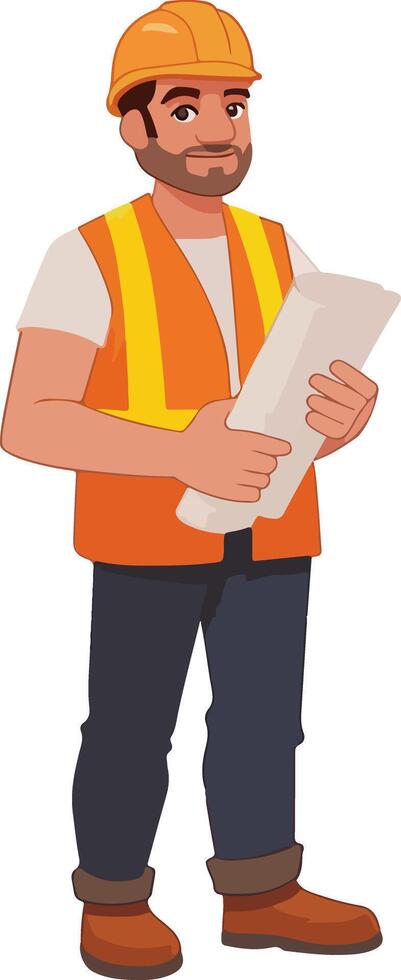 A cartoon illustration of a male construction worker wearing an orange safety vest, yellow hard hat, white shirt, dark pants, and brown work boots. He is holding a rolled-up blueprint and smiling vector