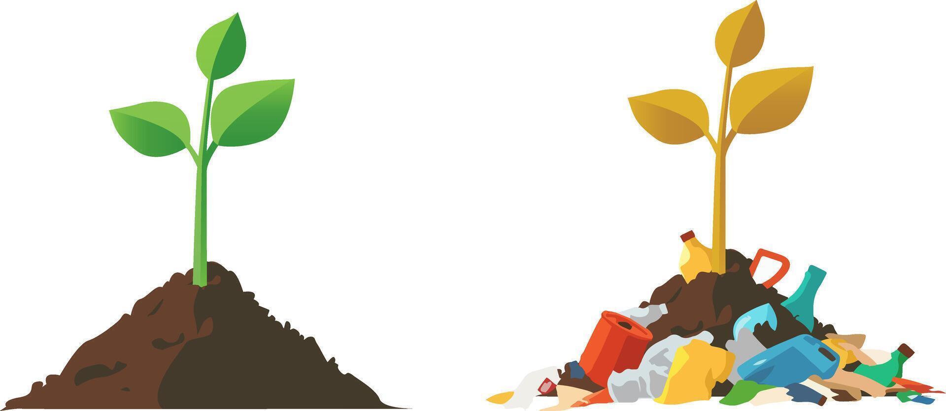Comparison of plant growth in clean and polluted soil, Perfect for ecological, sustainability, and environmental awareness themes vector
