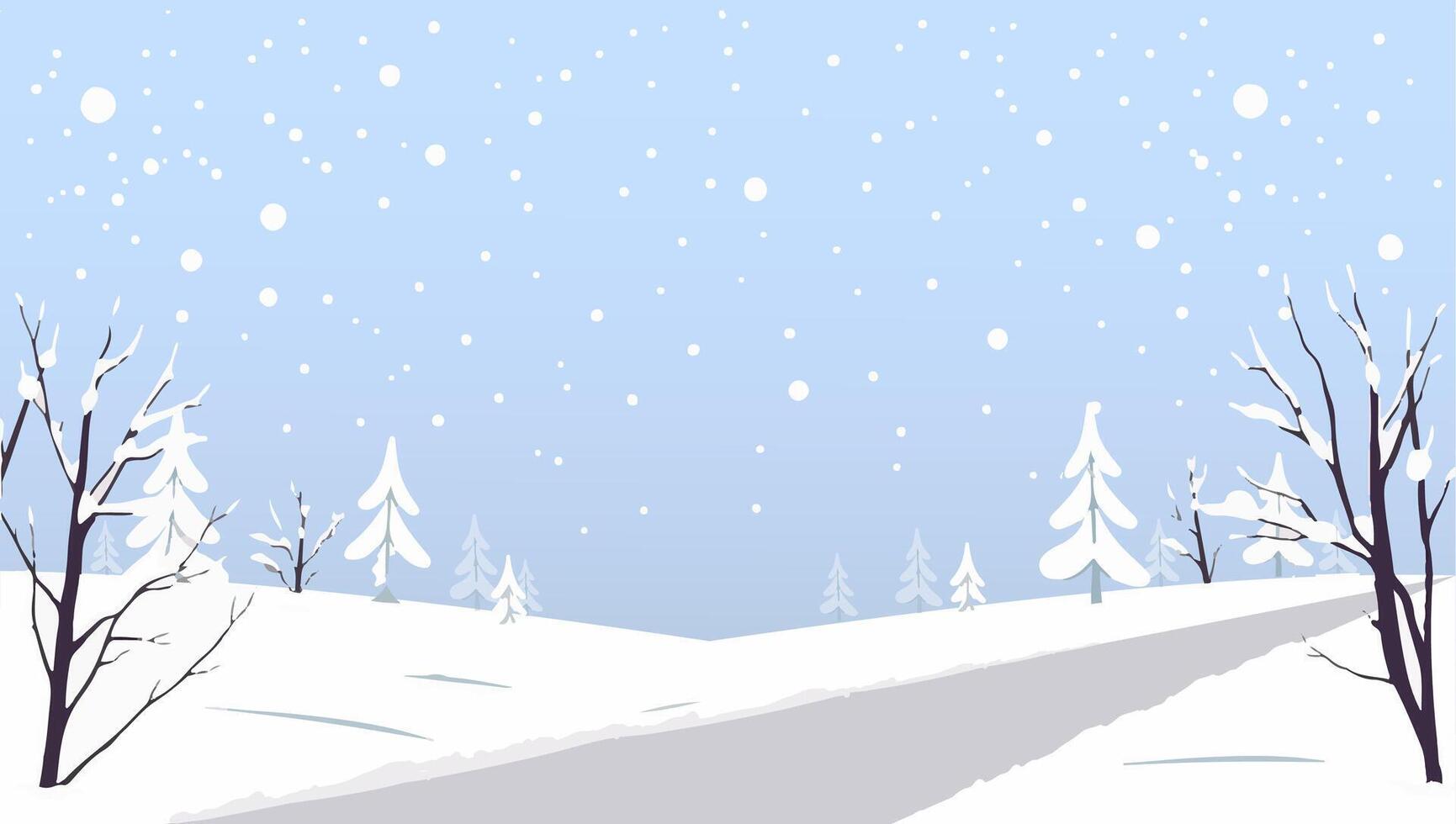 Illustration of a serene winter landscape with snow-covered trees, bare branches, and falling snowflakes vector
