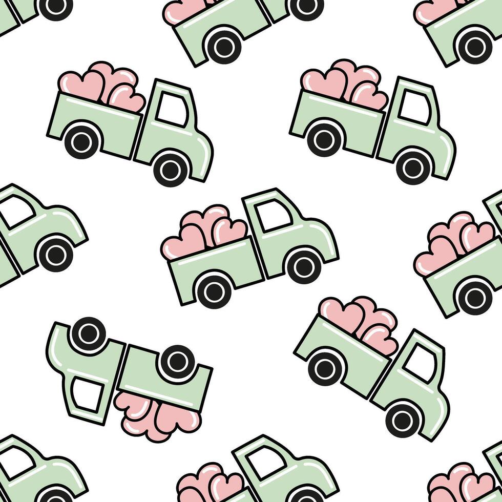 Seamless truck pattern with hearts in doodle and flat illustration vector