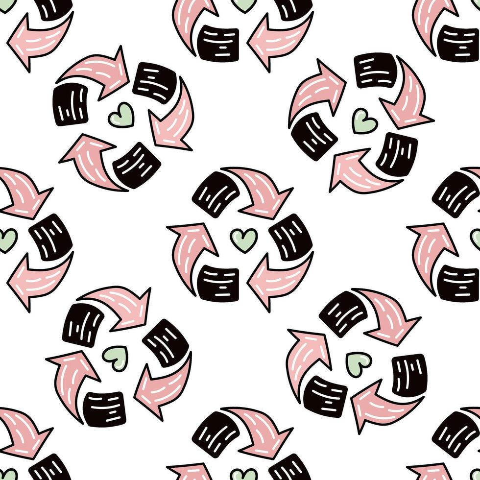 Seamless recycling pattern doodle and flat illustration with hearts vector