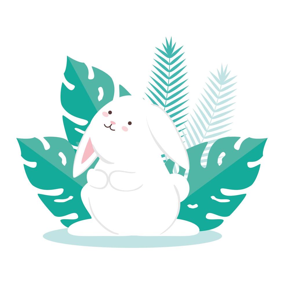 Cute white rabbit cartoon with leaves vector design