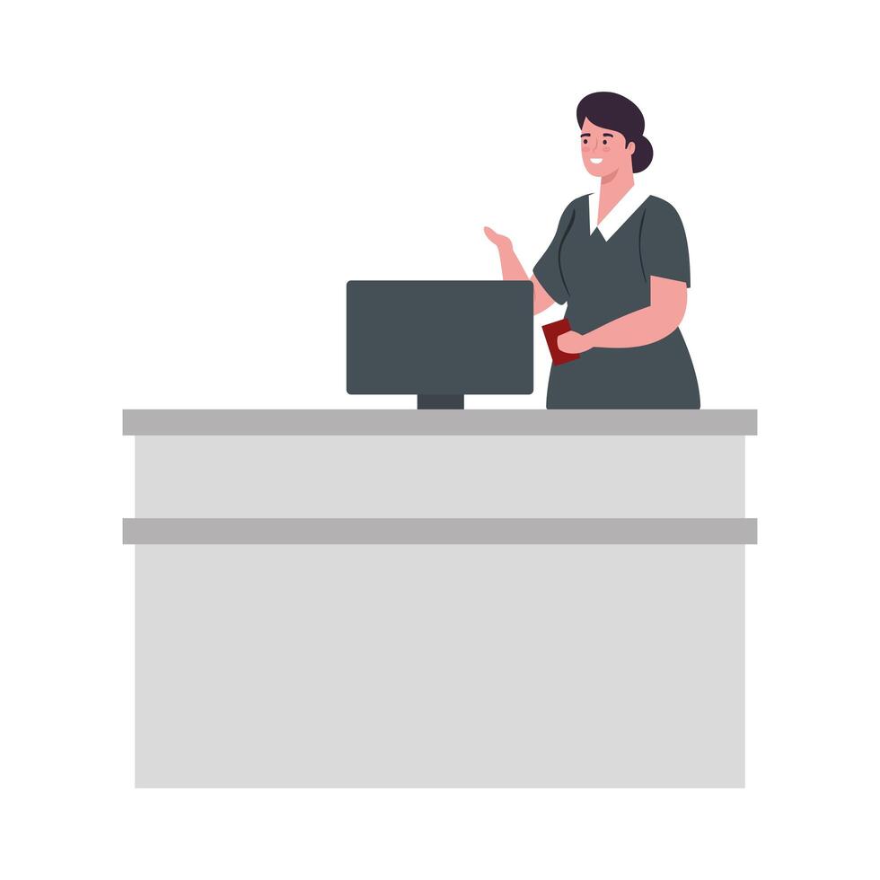 smiling aircraft stewardess dressed with uniform, computer, passport in attention support vector