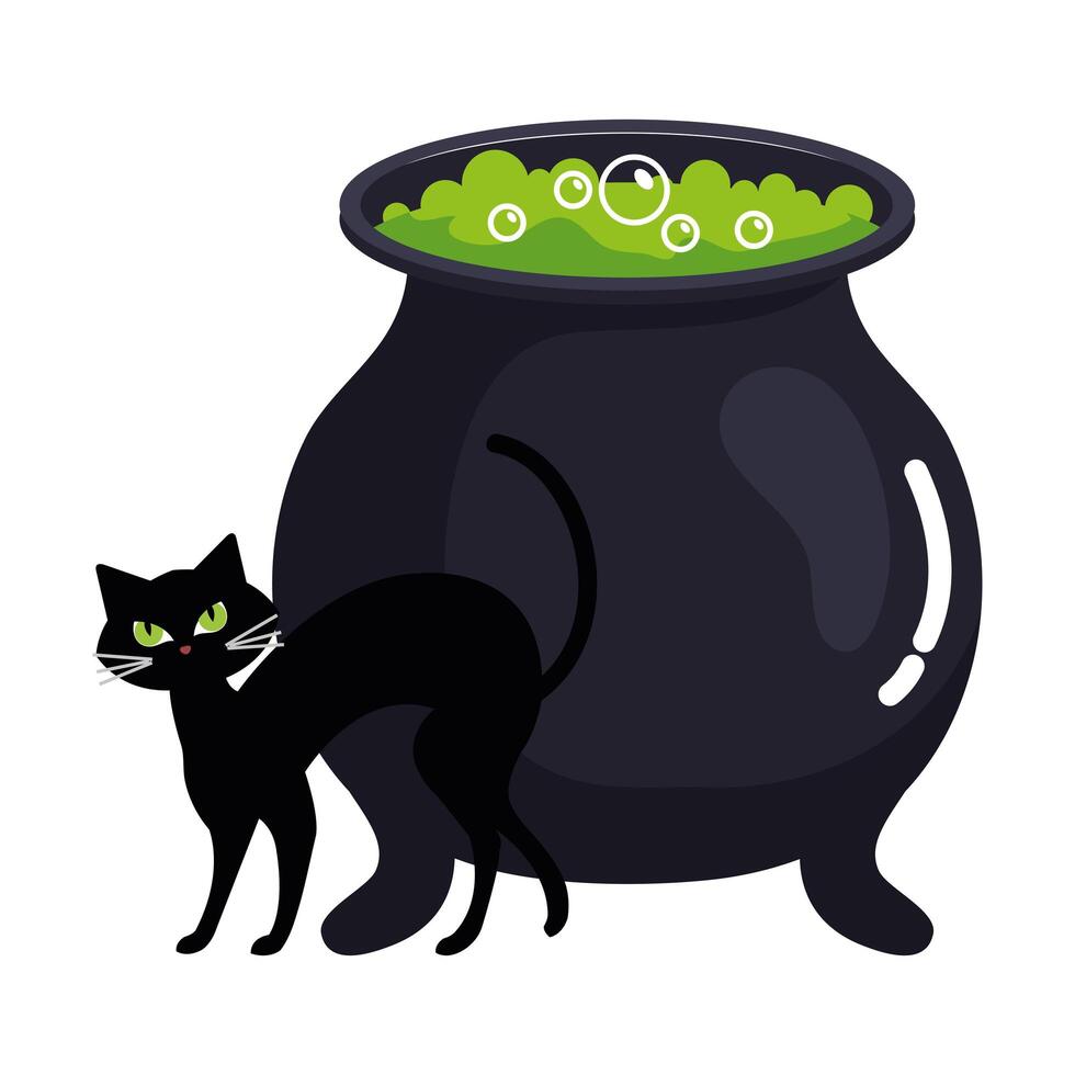 halloween, cauldron witch with cat on white background vector