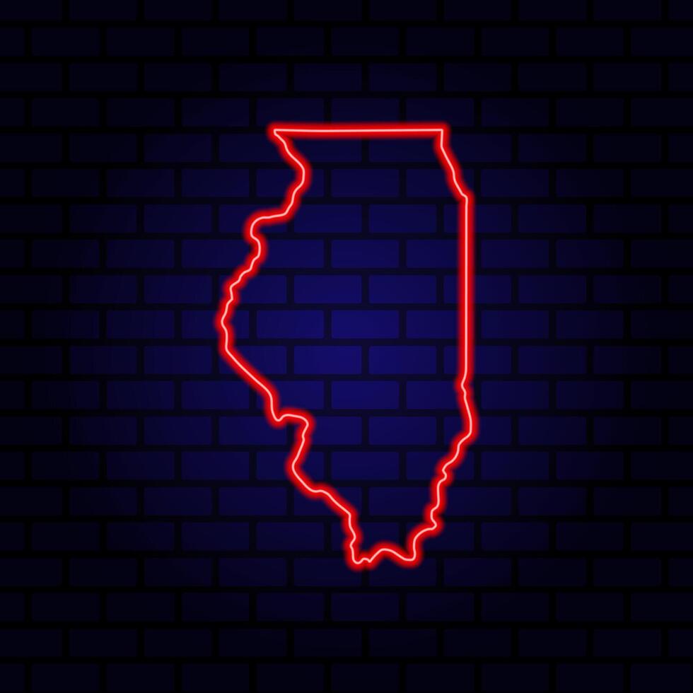 Neon map State of Illinois on brick wall background. vector