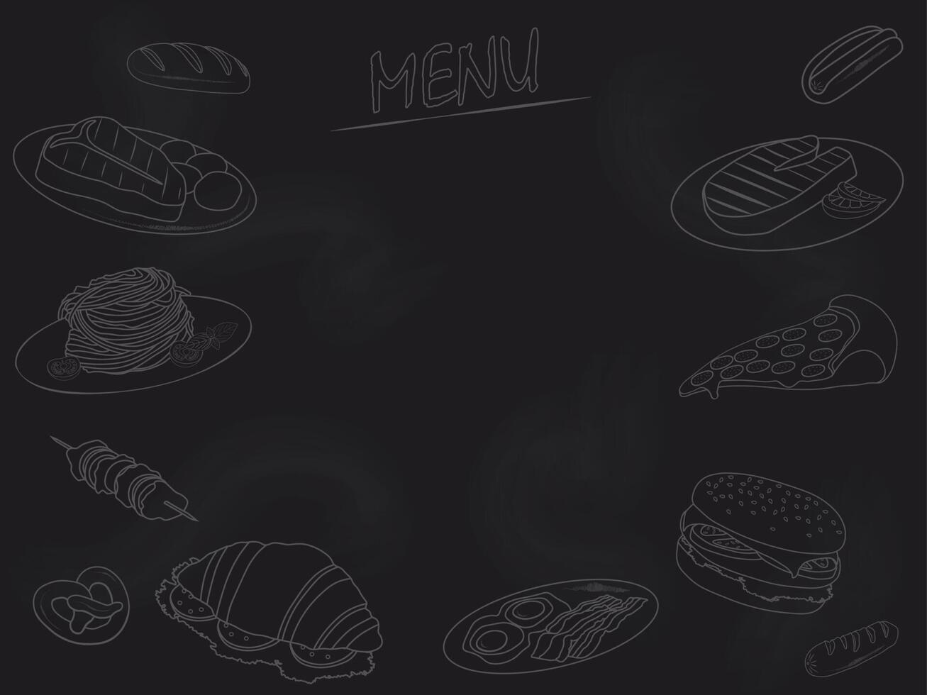 Food menu with different dishes contours and copy space drawn on blackboard vector illustration