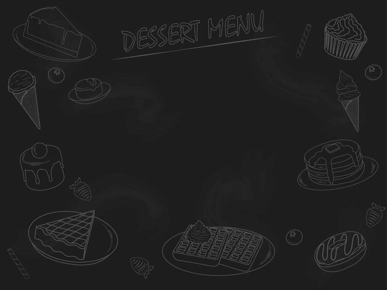 Dessert menu with different sweets contours and copy space drawn on blackboard vector illustration