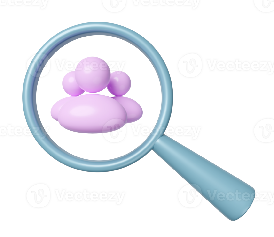 person with magnifying glass isolated. recruitment staff, people search, check personal information concept, 3d illustration render png