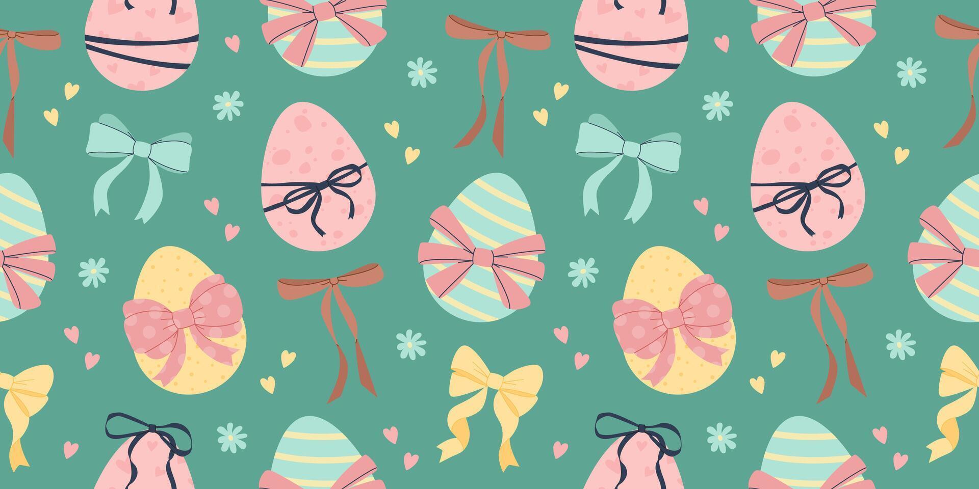 Happy easter seamless patterns with eggs and bows vector