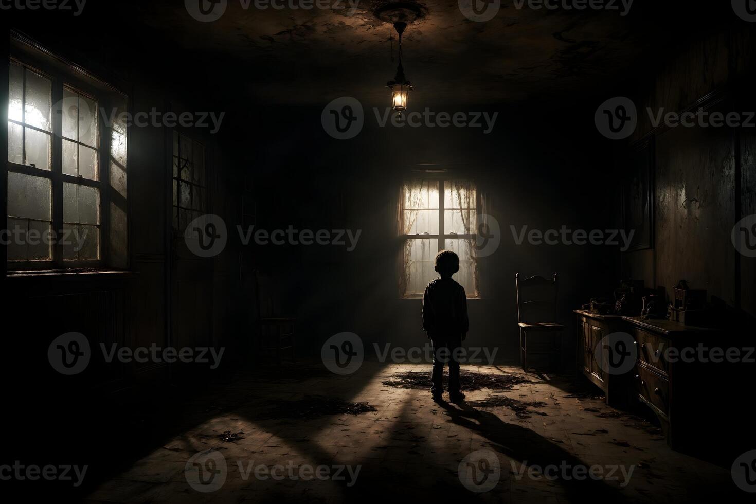 AI generated Dark silhouette of kid in Eerie Room Ai Generative photo