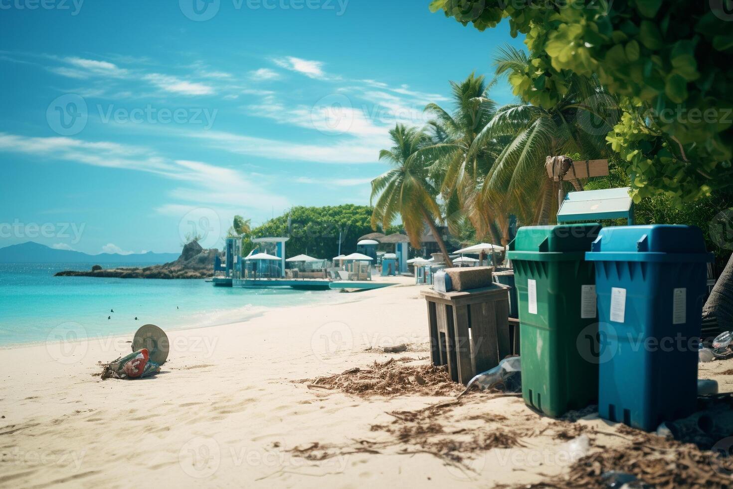 A pristine beach with crystal-clear waters and a recycling station. Ai generative photo
