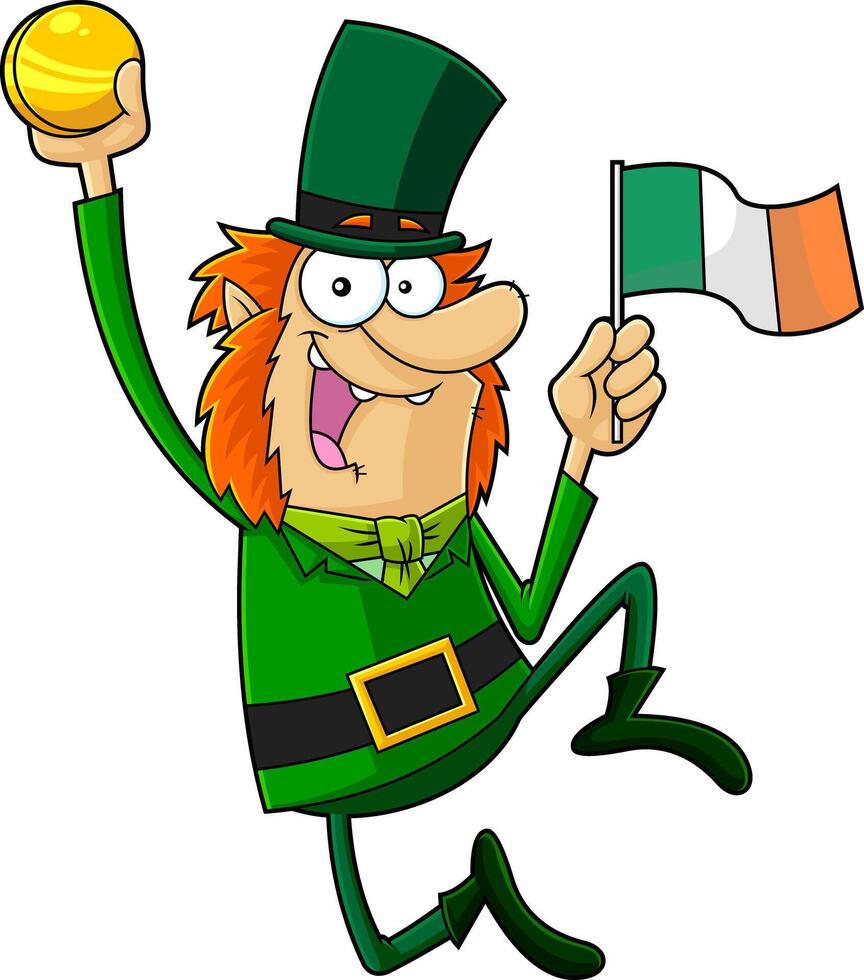 Lucky Leprechaun Cartoon Character Jumping With Golden Coin And Irish Flag. Vector Hand Drawn Illustration