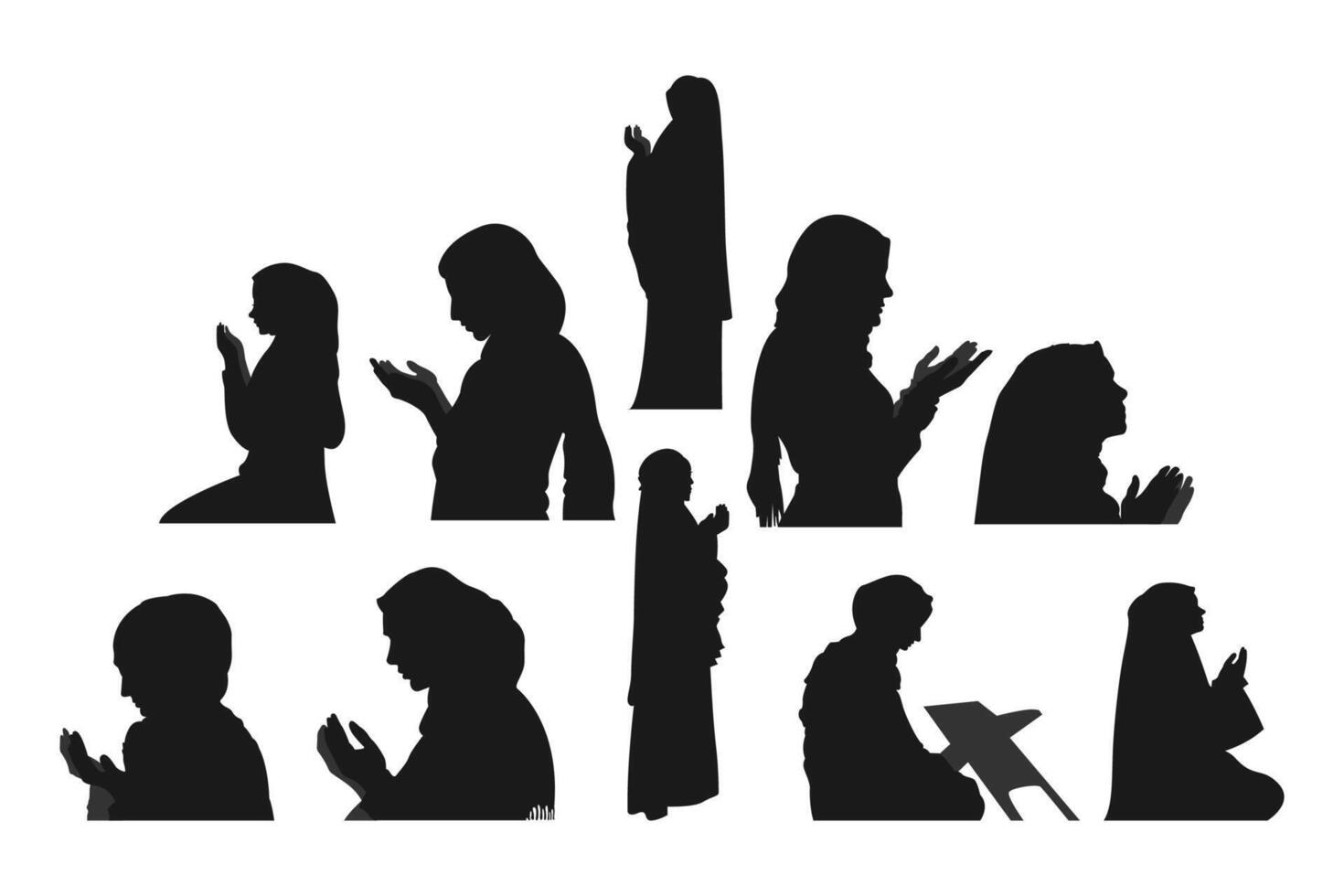 Silhouette of muslim woman praying hands dua or doa amen. side view. concept of worship, ramadan, islam, religion. Set illustration vector