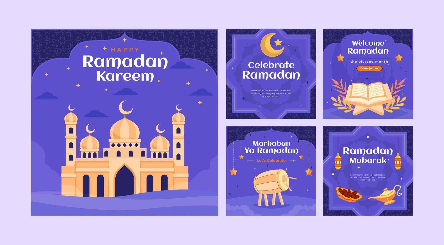 Set Social Media Post Design Template Ramadan Kareem. Flat Design Hand Drawn Illustration in Purple Color. Background collection vector