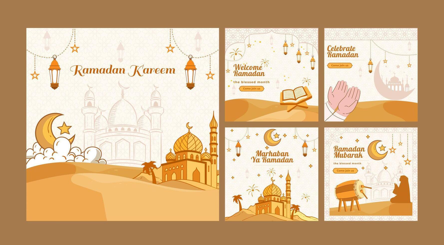 Set Social Media Post Design Template Ramadan Kareem. Flat Design Hand Drawn Illustration in Vibrant Color. Background collection vector