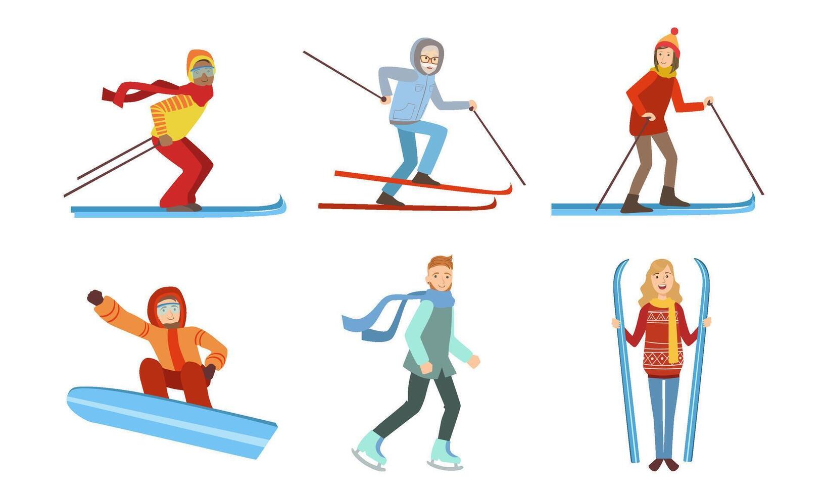 Winter Sport Activities Set, Different People Skiing, Snowboarding, Skating Illustration vector