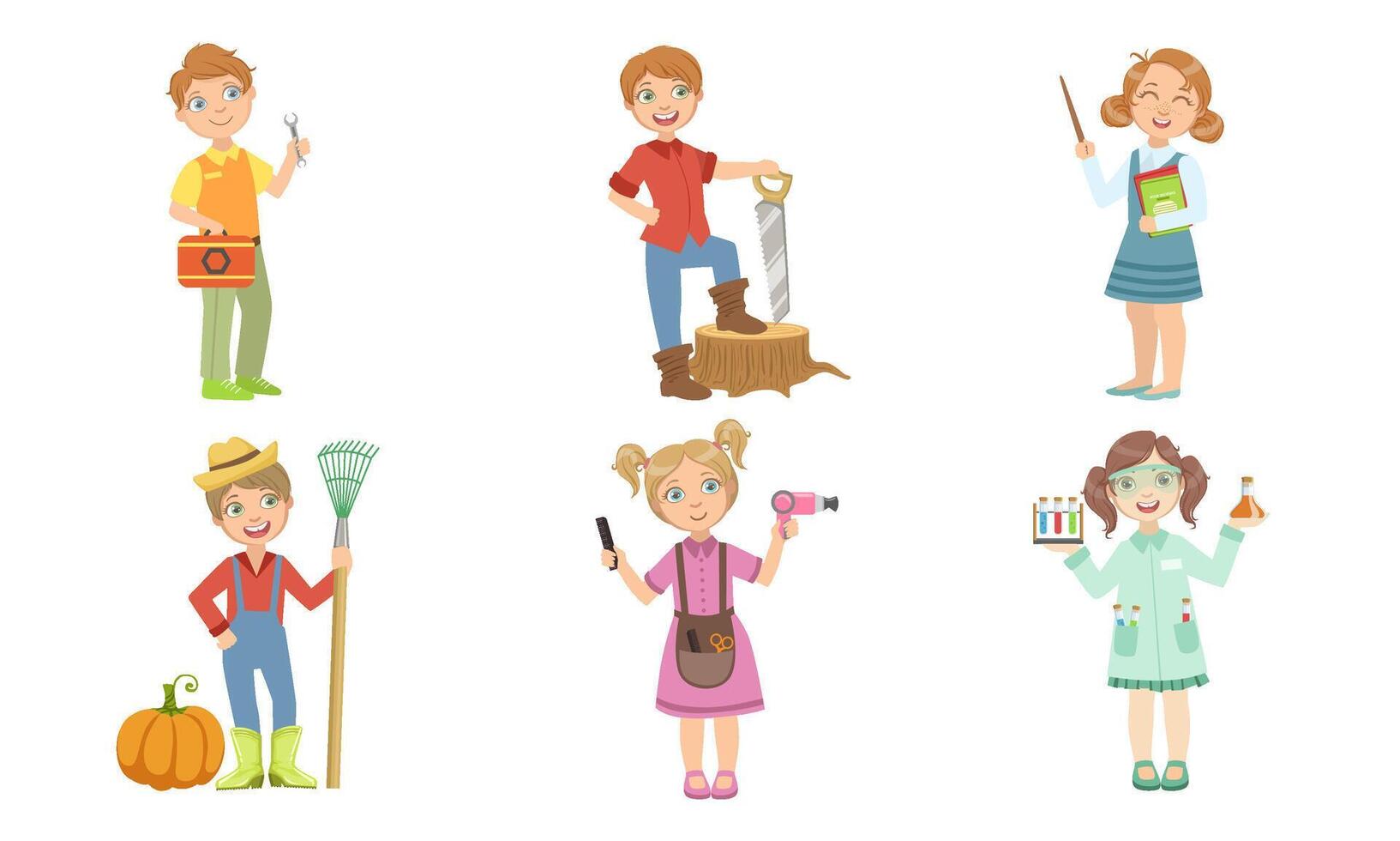 Cute Boys and Girls of Various Professions Set, Lumberjack, Teacher, Gardener, Farmer, Scientist Illustration vector