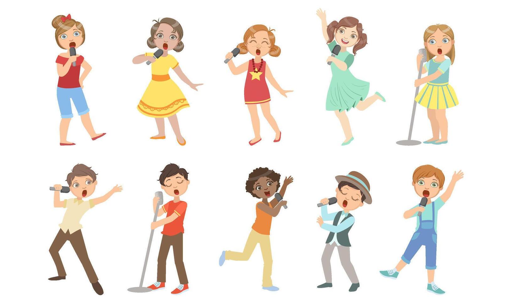 Cute Children Singing with Microphones Set, Boys and Girls Performing on Stage Illustration vector