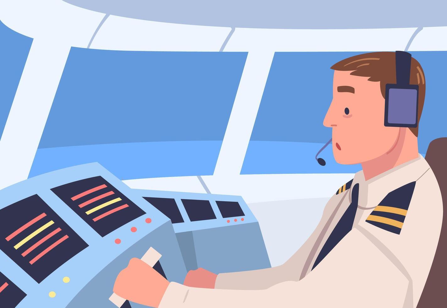 Man Aircraft Pilot or Aviator Sitting Inside Airplane Cabin at Control Panel Illustration vector