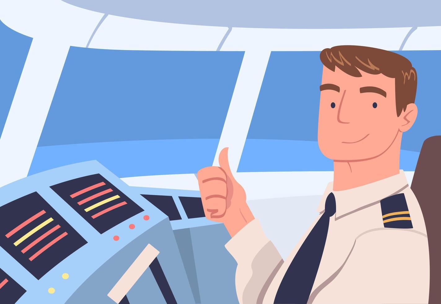 Man Aircraft Pilot or Aviator Sitting Inside Airplane Cabin at Control Panel Illustration vector