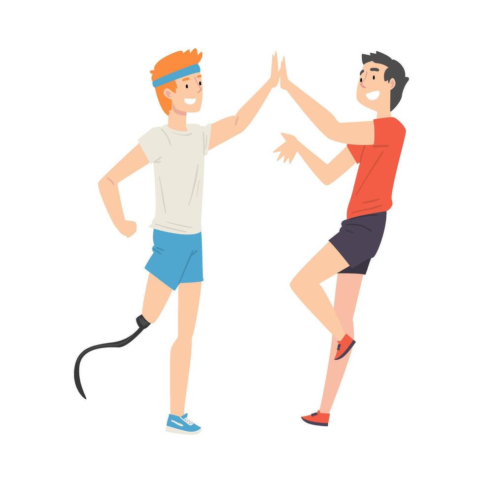 Man with Leg Prosthesis Giving High Five to His Friend, Friendship and Support, Person Enjoying Full Life Illustration vector