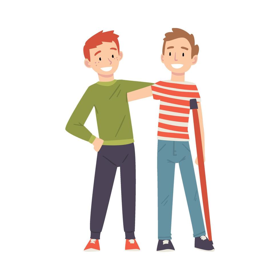 Man Supporting His Friend with Injured Leg, Friendship and Support, Disabled Person Enjoying Full Life Illustration vector