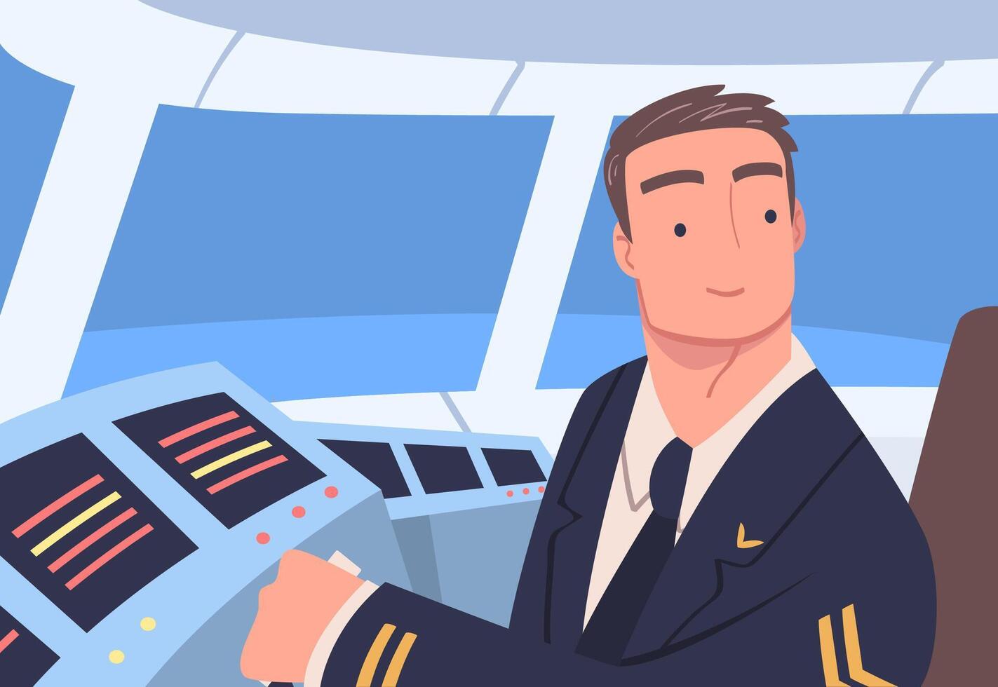 Man Aircraft Pilot or Aviator Sitting Inside Airplane Cabin at Control Panel Illustration vector