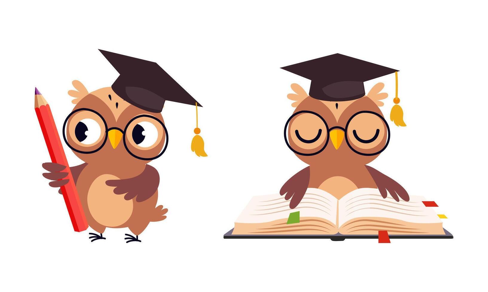 Cute Owl in Glasses in Graduation Hat Reading Book and Holding Pencil Set vector