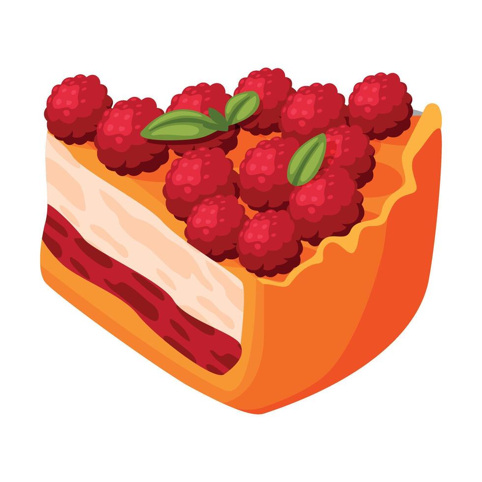 Cut Piece of Baked Pie with Raspberry on Top, Sweet Creamy Filling and Shortcrust Pastry Illustration vector