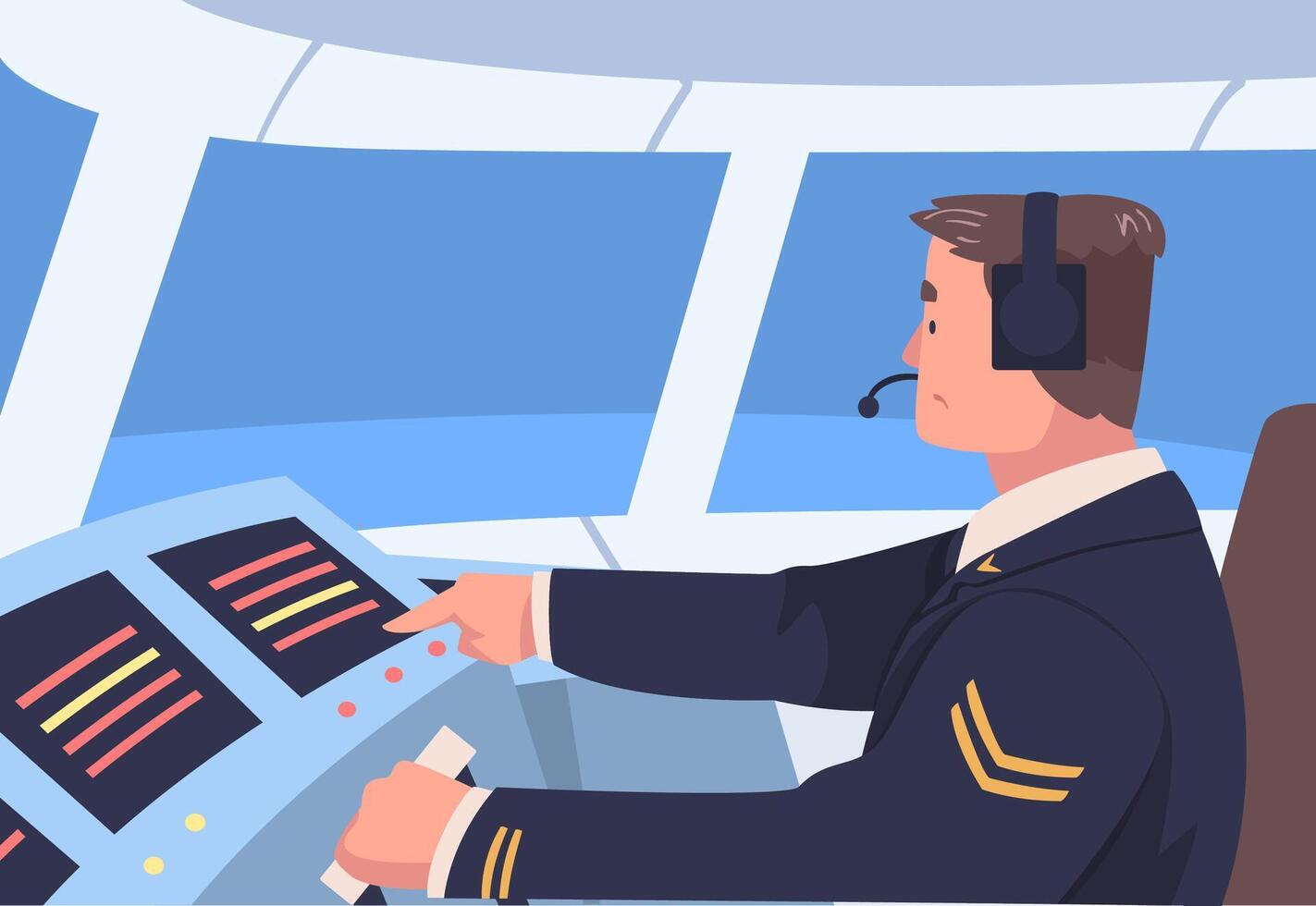 Man Aircraft Pilot or Aviator Sitting Inside Airplane Cabin at Control Panel Illustration vector